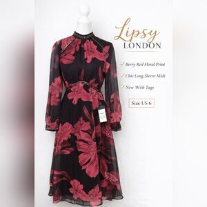 Lipsy London Berry Red Floral Long Sleeve Midi Dress NWT Size US 6
